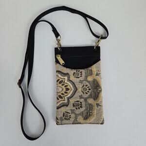 Boho Canvas & Tapestry Black Beige Phone/Money Crossbody Bag Adjustable Strap